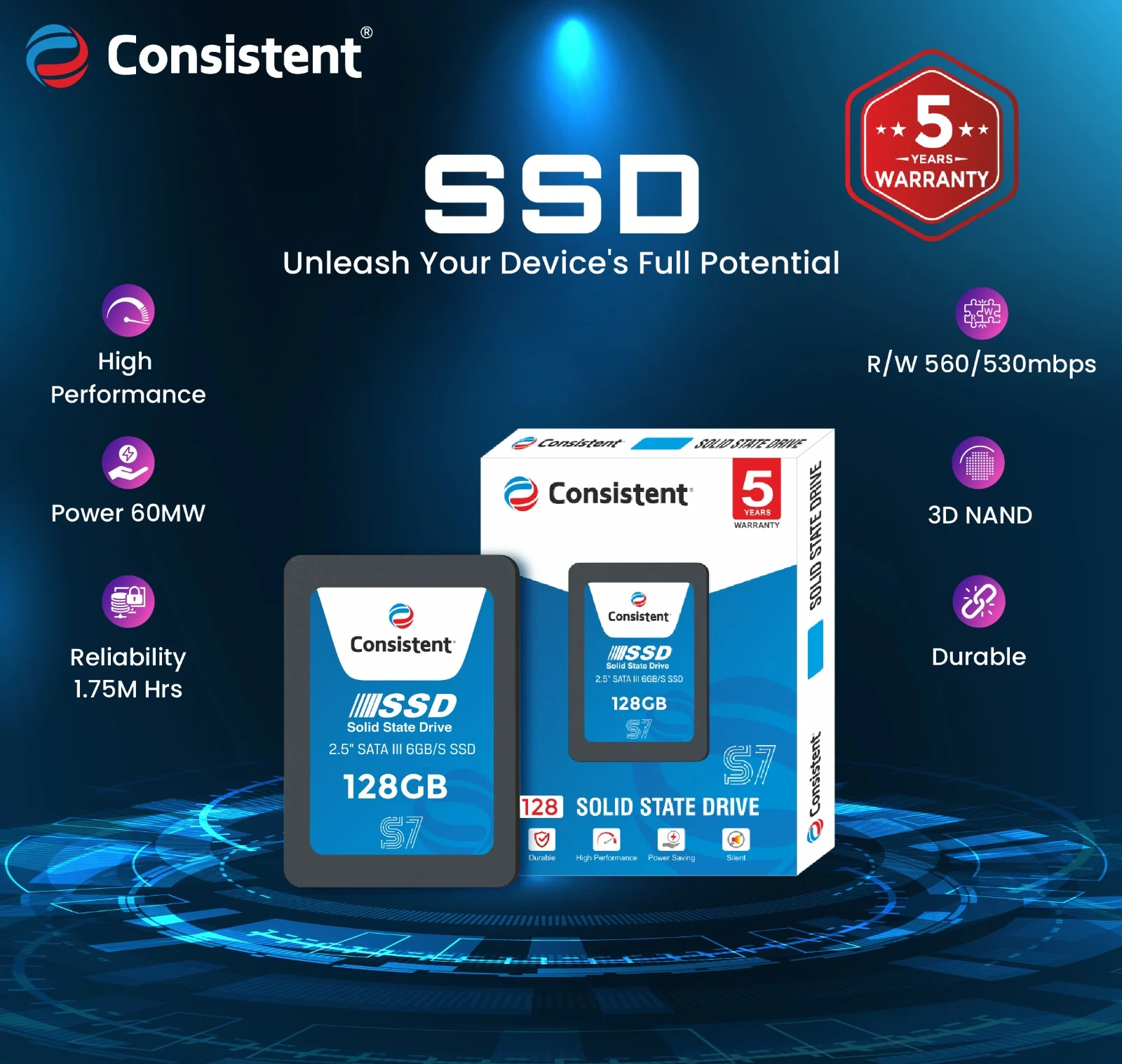 Consistent SSD 128GB 2.5 Inch SATA Internal SSD - Up to Read: 550MB/s & Write: 500MB/s